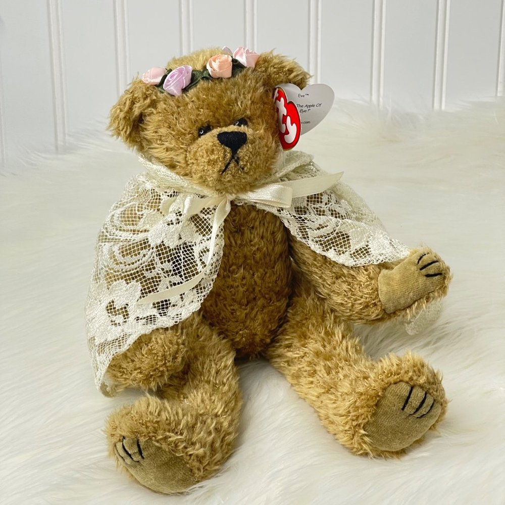 TY 1993 Eve Brown Fuzzy Beanie Baby Lace Cape Flower Crown Bear PVC Pellets NWT